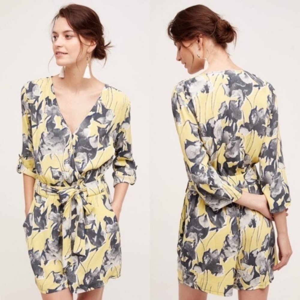 Anthro Floral Faux Wrap V Neck Romper Elevenses - Picture 1 of 4